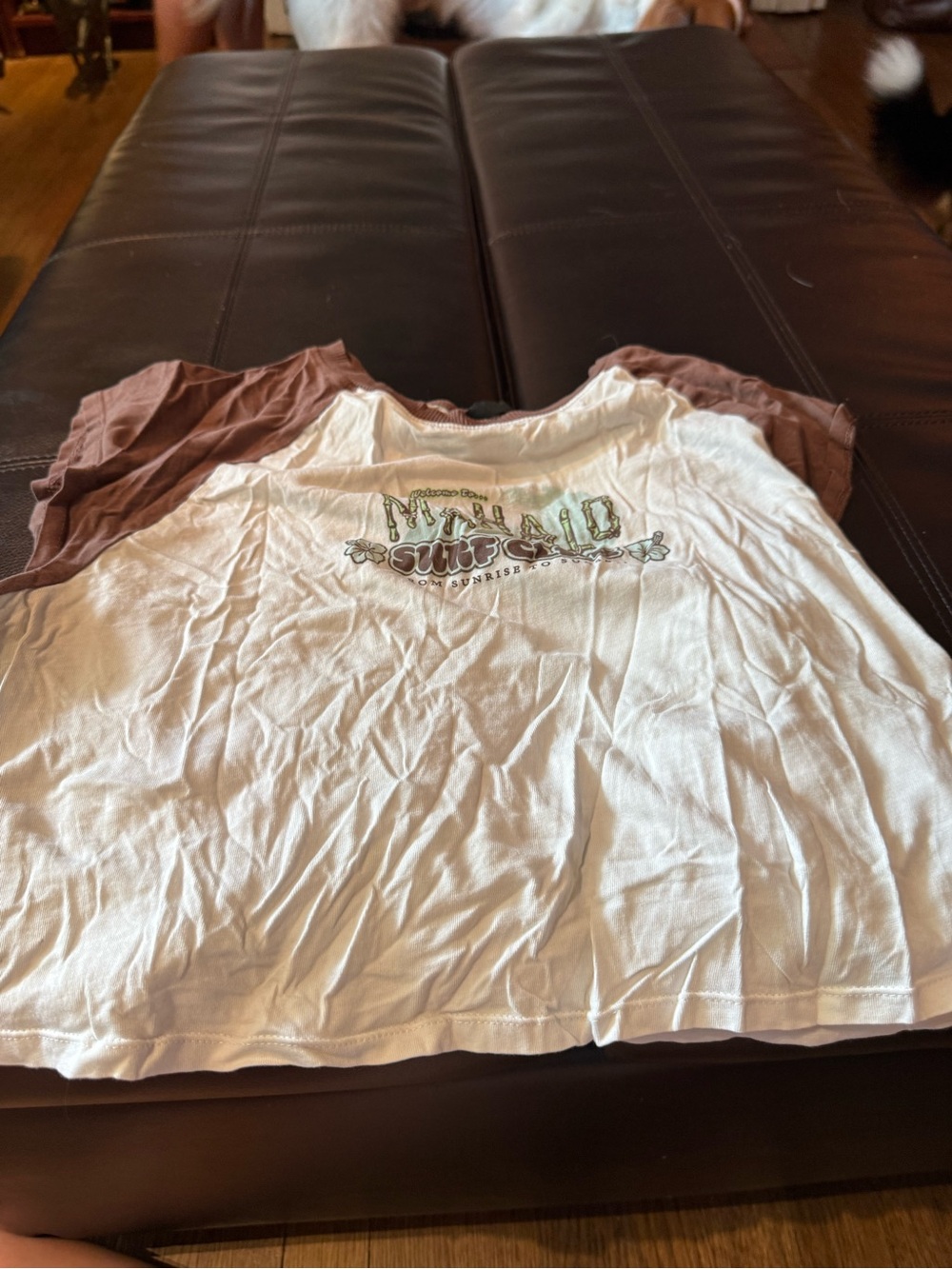 Divided White Crop Tee with Brown Raglan Sleeves
